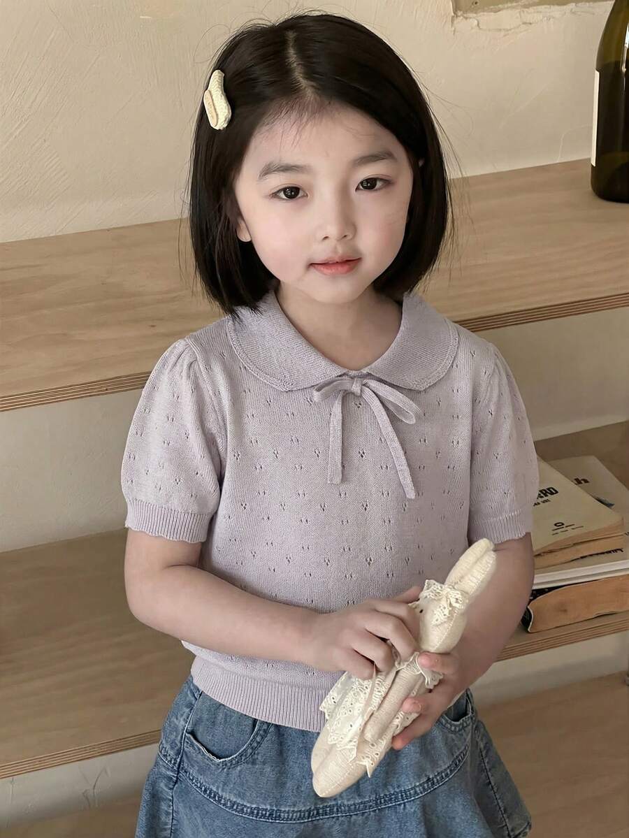 Dazy Kids 女童镂空针织娃娃领短袖针织上衣，春秋季休闲款 - 淡紫色 - 查看 1