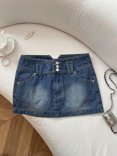 Elamini 时尚宽腰复古水洗超短牛仔迷你裙