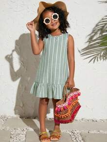 SHEIN Young Girl Vacation Casual Fashion Woven Green Striped Round Neck Sleeveless Ruched A-Line Dress - Green - View 6