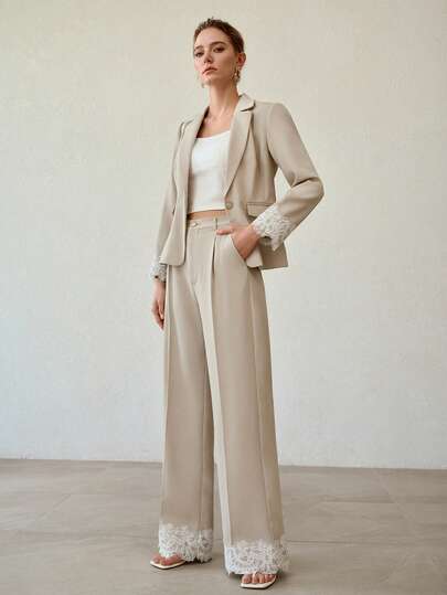 MOTF PREMIUM 女士时尚简约撞色蕾丝西装裤