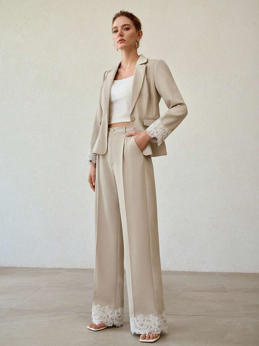 MOTF PREMIUM WOMEN'S FASHIONABLE MINIMALIST CONTRAST LACE SUIT PANTS - Green - View 2