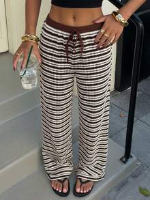 Muchica Brown Striped Knit Casual Pants For Women - Brown - View 1