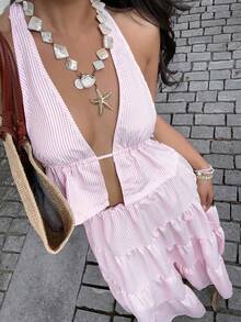 Sunnyshic Bộ đồ 2 món gồm áo crop top cổ yếm hở lưng chữ V sâu kẻ sọc vàng và chân váy xòe cạp thấp xếp ly, thanh lịch, lãng mạn, thích hợp cho kỳ nghỉ, tiệc tùng, phong cách tối giản, thường ngày. - Hồng - Xem 7