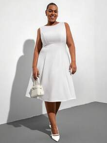 SHEIN Clasi Plus Size Elegant White Summer Curve Cocktail Party Dress,Sleeveless Solid Color Midi Fit And Flare Evening Dresses For Weddings,Prom Graduation Dress - White - View 6