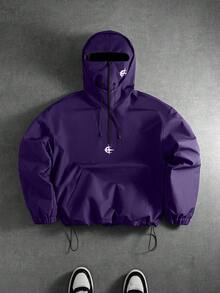 PAVTROS Men's Purple Autumn Streetwear Work Casual Hooded Double Layer Design,Half-Zip Embroidered Graphic Baggy Hoodie With Elastic Drawstring Hem For Men - Purple - View 3