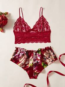 Floral Print Bow Front Lace Lingerie Set - Burgundy - View 2