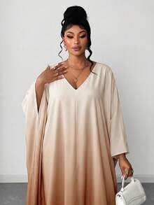 Maweii Plus Size Women's Elegant Romantic Luxurious Party Ombre V-Neck Loose Long Dress, Autumn/Winter - Brown - View 5