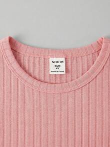 SHEIN Young Girl Plain Round Neck Ribbed Knit Short Sleeve T-Shirt - Pink - View 4