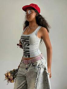 StreetHx 女士U领白色荒原风印花修身舒适街头风Y2K性感吊带背心，春夏款 - 灰色 - 查看 1