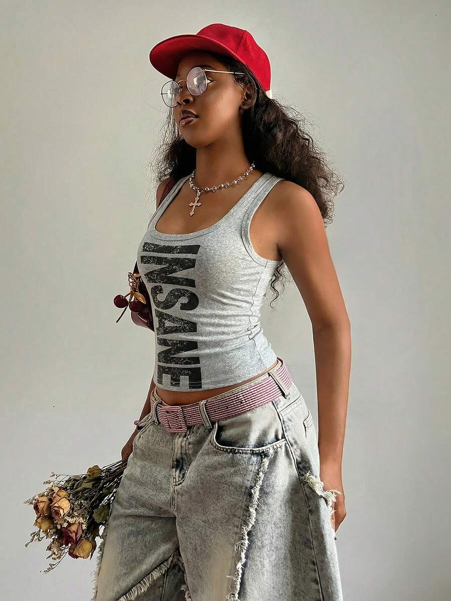 StreetHx 女士U领白色荒原风印花修身舒适街头风Y2K性感吊带背心，春夏款 - 灰色 - 查看 1