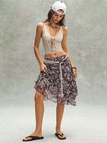 Bohemela 女士休闲梭织印花荷叶边宽松不对称下摆半身裙 - 棕色 - 查看 6