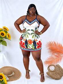 CurvyTilda Plus Size Women Casual Tropical Print Sleeveless Dress Party - Multicolor - View 4