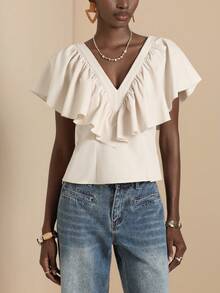 Vesra Women's Printed V-Neck Ruffle Hem Blouse - Apricot - View 3