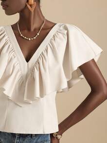 Vesra Women's Printed V-Neck Ruffle Hem Blouse - Apricot - View 6