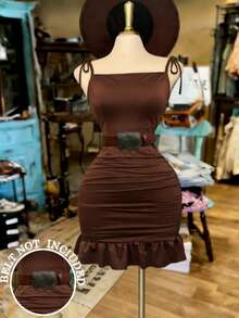 NostaNoir Women's Short Backless Pleated Brown Camisole Dress - Rust Brown - View 2