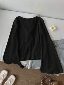 SHEIN CURVE+ 大码女式休闲系带喇叭袖上衣 - 黑色 - 查看 2