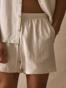 Musero Quần short Bermuda dáng lửng, cạp chun co giãn có dây rút, chất liệu vải lanh có họa tiết, thích hợp cho mùa xuân hè. - Màu be - Xem 5