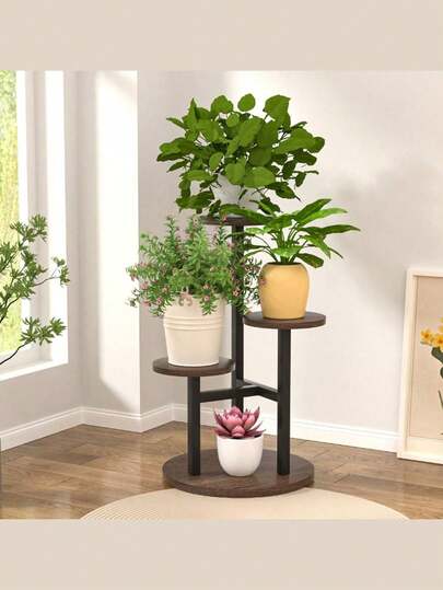 四层室内外植物架，金属木质结构，适用于各种室内植物，转角多层花草架，适用于阳台、花园、露台等场所。