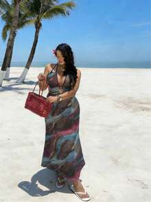 Sunnyshic Mesh Digital Print Elastic Knit Circular Accessory Dress, Sexy Resort/Island Vacation/Beach - Khaki - View 3
