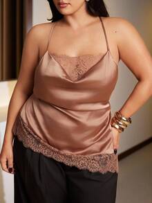 SHEIN BAE Regata Elegante de Cor Sólida com Renda Assimétrica em Contraste, Plus Size - Champanhe - Visão 7