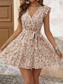 Brillora Summer Beach Paisley Print Ruffle Trim Belted Nashville Short Dress,Vacation,Vacation Style,BOHO,BOHO Style,Floral Print Ruffle Trim V-Neck Mini Dress,Boho Pink Flower Print Dress,Vacation Style Floral A-Line Mini Dress,Floral Print, Ruffle Trim, Summer Vacation,Wrap Front, Ruffle Sleeve Dress, Floral Dress, Summer Dress, Women S Summer Outfits, Wild Flower Dress, Women's Summer Dresses,Summer Dresses For Women - Apricot - View 5