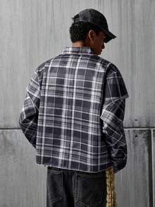 NEON BLANC Camisa casual de hombre de un solo pecho a cuadros, versátil para uso diario - Gris - Ver 3