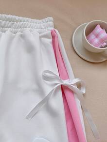 SHEIN EZwear 女式松紧腰撞色直腿休闲白色运动裤配蝴蝶结 - 白色 - 查看 4