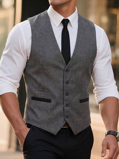 Manfinity Mode Colete masculino de abotoamento simples, ideal para festas, trabalho e deslocamentos.