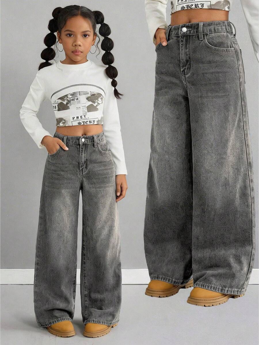 Quần jeans ống rộng cạp thấp màu xanh cổ điển dành cho bé gái tuổi teen - Xám - Xem 1