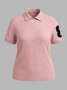 SHEIN Plus Size Women's Numeric Print Polo Collar Short Sleeve T-Shirt - Pink - View 3