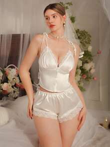 DelicateAllure Bộ đồ ngủ nữ màu trơn phối ren gồm áo hai dây và quần short, kiểu dáng thanh lịch. - trắng - Xem 4