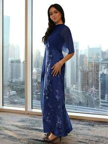 Modelyn New Design Asymmetric Sleeve Elegant Embroidered Floral Cinched Waist Romantic Luxurious Party & Holiday Dress - Navy Blue - View 5