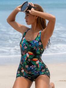 Swim SPRTY Women's Tropical Plant Print Criss-Cross Back Surfing Romper - Multicolor - View 5