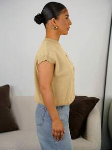 SAYEHFBABY 女式夏季休闲纯色针织上衣 - 黃色 - 查看 4