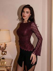 Bris Aura Women's Elegant Commuter Solid Color Lace Asymmetric Hem T-Shirt, Lace Long Sleeve Top - Red Violet - View 5