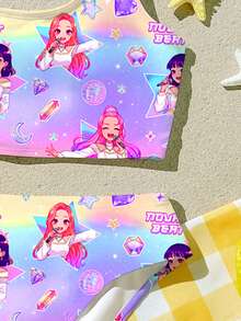 年轻女孩休闲简约卡通女孩比基尼套装，亮紫色，K-Pop 超级明星卡通女孩组合印花比基尼套装，适合夏季穿着 - 彩色 - 查看 5