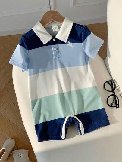 One-Piece Baby Boy Summer Cute Knit Striped Short-Sleeve Jumpsuit Shorts - Perfect For Birthday Parties, Galas, Performances, Weddings, Full Moon Celebrations, Baptisms, And First Birthday Celebrations.