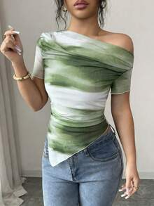 Elenzga 女士新款时尚扎染印花不对称领短袖T恤 - 橄欖綠 - 查看 4