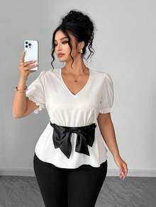 Elenzga Áo kiểu nữ cỡ lớn thanh lịch tối giản, thích hợp mặc hàng ngày, hẹn hò hoặc đi nghỉ mát, phối đen trắng, cổ chữ V, tay phồng, thắt nơ. - Đen và trắng - Xem 7