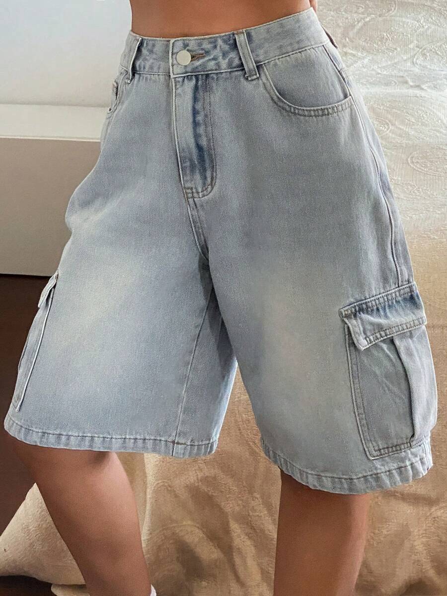 Livesso 女士工装口袋阔腿宽松休闲牛仔短裤 - 淺色水洗藍 - 查看 1