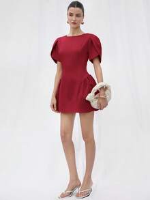 BELROSIE Italian Style Tulip 3D Short Sleeve Round Neck Peplum Hem Split Skirt Women Short Princess Dress - Red - View 4