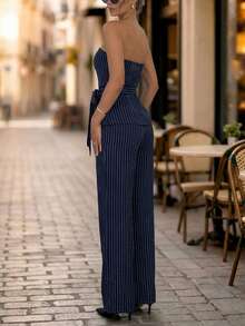 Editum 女士无肩带西装套装，灰色，适合夏季办公室穿着和休闲教师装扮 - 藏蓝色 - 查看 2