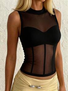 SHEIN Raffinéa 女士休闲优雅千禧年黑色透视网纱圆领无袖修身性感夏季背心，辣妹风必备单品，适合日常穿着/通勤/休闲度假/派对 - 黑色 - 查看 4