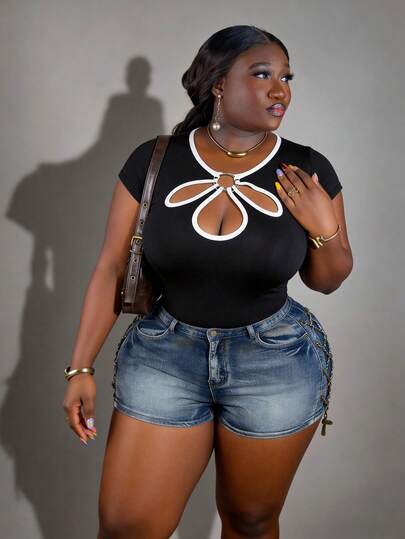 CurvyTilda Áo dệt kim cỡ lớn kiểu Trung Quốc thời kỳ Y2K, áo kiểu Trung Quốc cổ giọt nước khoét rỗng phối màu tương phản, áo kiểu cổ hoa khoét rỗng phối màu tương phản.