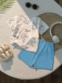 SHEIN Playful Pals Bộ quần áo mùa hè cho bé trai, màu trắng và xanh lá cây, in hình khủng long hoạt hình, gồm áo tay ngắn và quần short, thích hợp cho các buổi đi chơi, dự tiệc, hoạt động hàng ngày và các chuyến đi gia đình. - Màu xanh lam - Xem 2