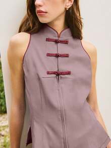 2026 Top sin mangas con cuello mao y ribete en contraste alrededor del cuello y las sisas.Para looks festivos, de resort, primavera y verano.Vacaciones de lujo, salidas, bodas, fiestas, festivales, vacaciones de verano. - Rosa vieja - Ver 5