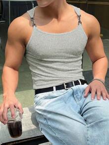 Manfinity Dauomo 男士修身舒适透气金属肩带背心，夏季 - 淺灰色 - 查看 6