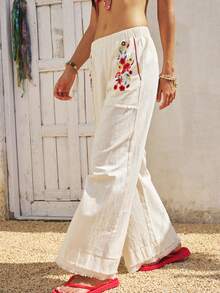 SoleilVie Quần ống rộng bằng vải lanh kiểu Bohemian, quần ống rộng rách gấu thêu nhiều màu sắc, quần lửng rách gấu thêu hoa cổ điển, quần Boho cho nữ, quần hè cho nữ, quần Hippie cho nữ, quần Mexico cho nữ - Màu be - Xem 5