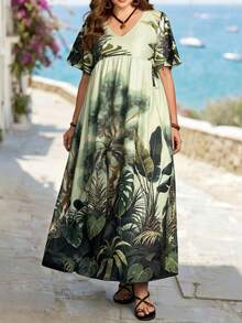 Rosumi Women's Plus Size Light Green Tropical Print Casual Vacation Dress,Boho Floral Summer Beach Holiday Outfit,Spring Resort Wear Peplum Country Concert - Multicolor - View 3