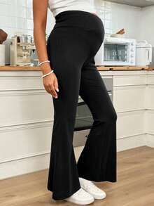 SHEIN Black Adjustable Waist Slim-Fit Flared Pants For Pregnant Women, Suitable For Casual Everyday Wear And Commuting. Also Suitable For Spring And Summer. - Black - View 4